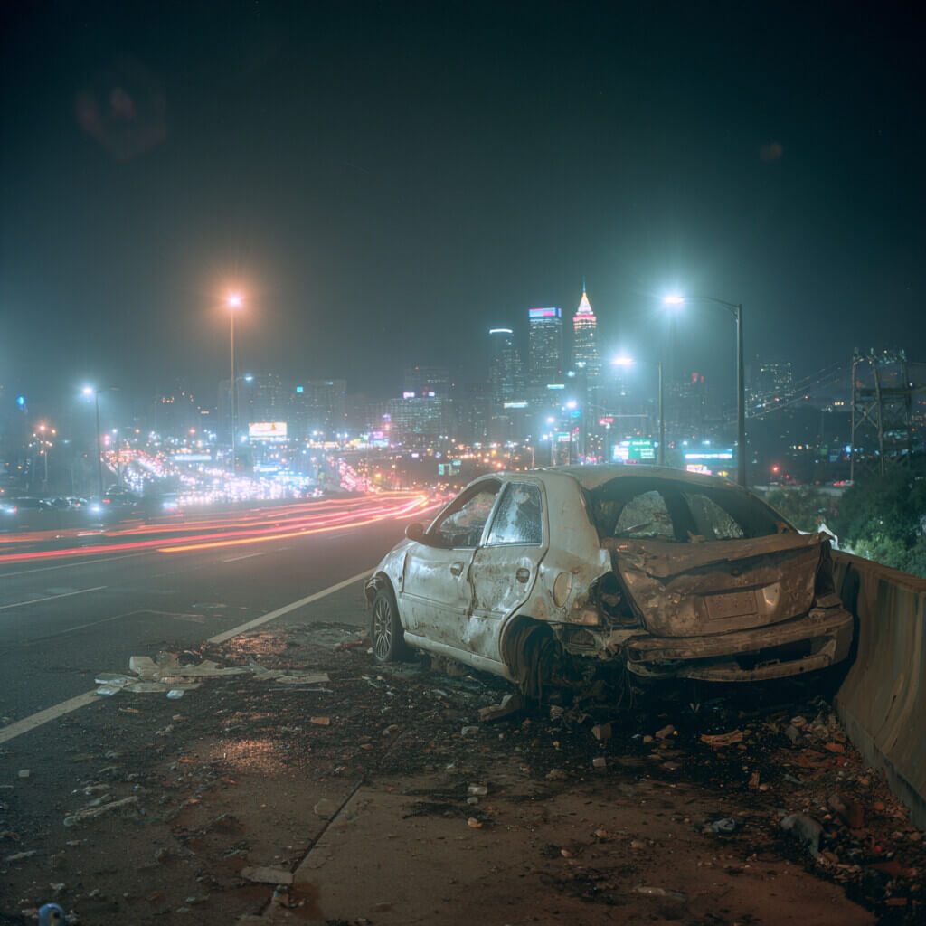 crashed car on the side of a highway at night in philadelphia
