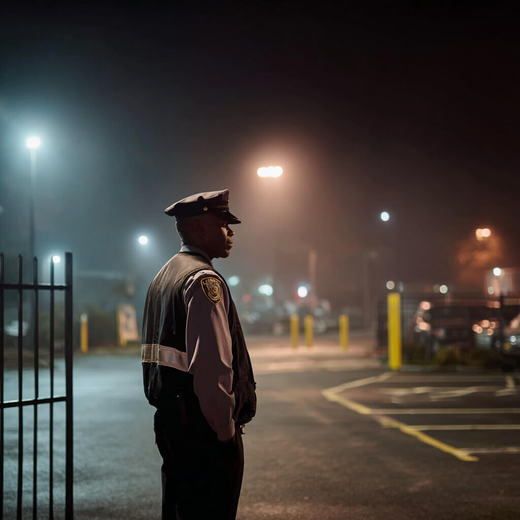 security guard in a darkly lit parking lot at night in philadelphia pennsylvania
