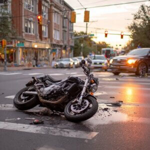 Motorcycle on it's side after a rider with no helmet was hit by a car in an intersection in Philadelphia, Pennsylvania