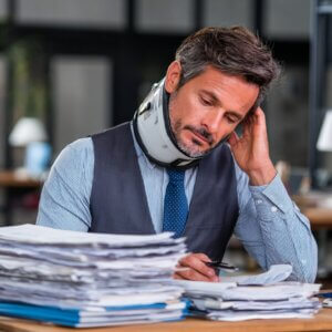 Man with a neck brace looking at medical liens for car accident injuries illustrating a case handled by Wilk Law Personal Injury & Car Accident Lawyers