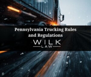 Speeding semi-truck in the winter on a highway in Philadelphia, Pennsylvania illustrating trucking rules and regulations in Pennsylvania