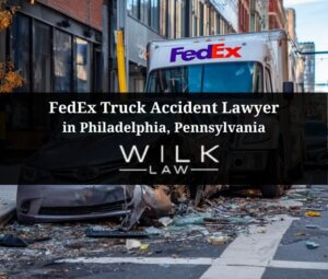 FedEx delivery truck crashed into the back of an SUV in downtown Philadelphia, Pennsylvania related to a case handled by Wilk Law Personal Injury & Car Accident Lawyers