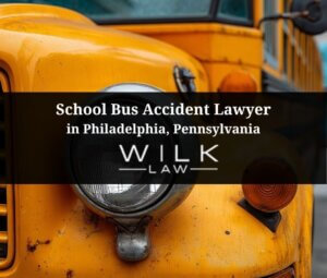 Front of a school bus in Philadelphia, Pennsylvania related to a case handled by Wilk Law Personal Injury & Car Accident Lawyers