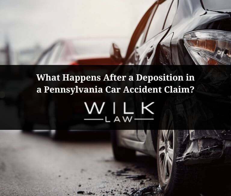 Two cars after a crash in Pennsylvania illustrating what happens after a deposition in a pennsylvania car accident claim