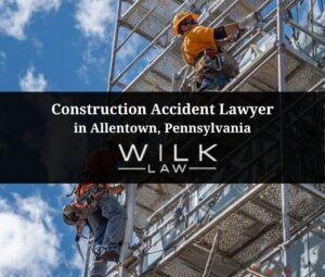 Construction workers on scaffolding in Allentown, Pennsylvania
