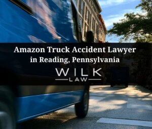 Blue Amazon delivery van in traffic in Reading, Pennsylvania related to a case handled by Wilk Law Personal Injury & Car Accident Lawyers