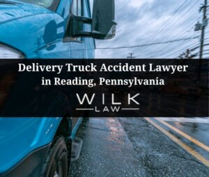 Blue Amazon delivery van in traffic in Reading, Pennsylvania