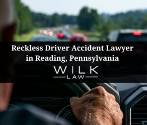 Reckless driver with road rage in a Ford F150 tailgating another driver in a Toyota Prius in Reading, Pennsylvania
