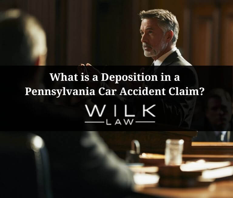 Car accident victim giving sworn testimony under oath in a courtroom in Pennsylvania